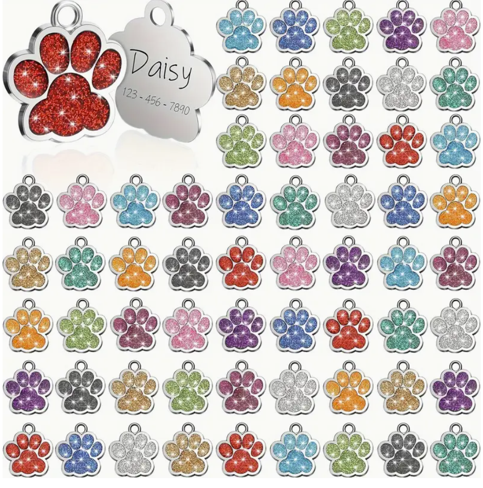 Laser Engraved Glitter Paw Bling ID Tag - Custom Dog & Cat Name Tag | Personalized Engraved Pet Tags