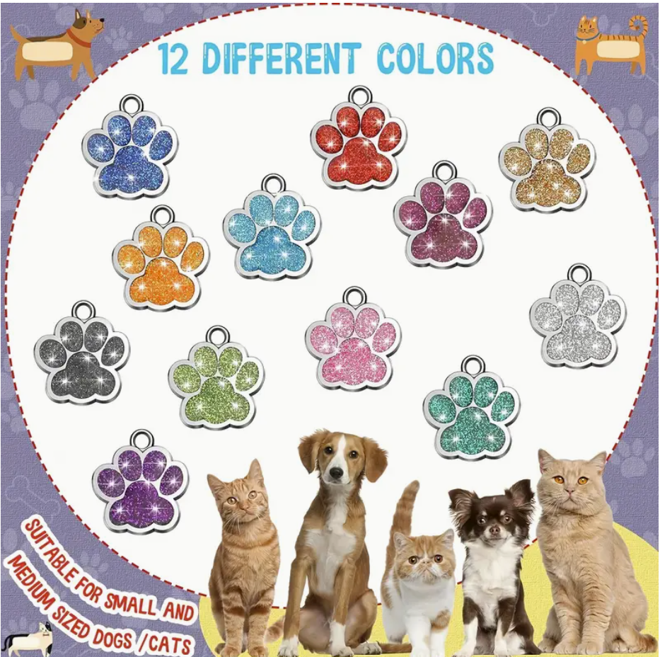 Laser Engraved Glitter Paw Bling ID Tag - Custom Dog & Cat Name Tag | Personalized Engraved Pet Tags