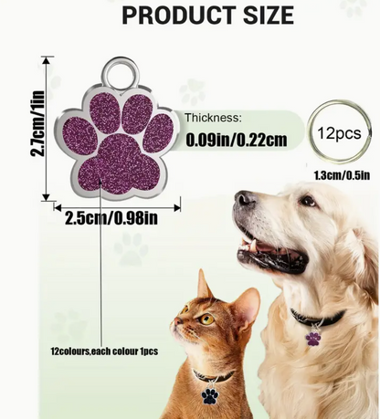 Laser Engraved Glitter Paw Bling ID Tag - Custom Dog & Cat Name Tag | Personalized Engraved Pet Tags